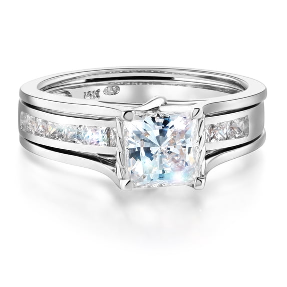 Wellingsale Ladies Solid 14k White Gold Polished CZ Cubic Zirconia Princess Cut Engagement Ring with Side Stones and Wedding Band Two Bridal Set - Size 11