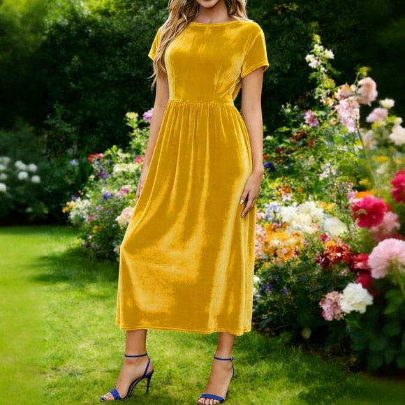 Women's Short Sleeve Velvet Midi Dress Round Neck Elastic Waisted Solid Colour Elegant Formal Evening Party Dresses Mini Dress Graduation Yellow S