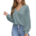 thumbnail image 1 of Top de manga larga con cuello en V y ribete de encaje para mujer - Blusa con detalle de ojales, poliéster/spandex, informal/playa - Tallas S-XXL, 1 of 6