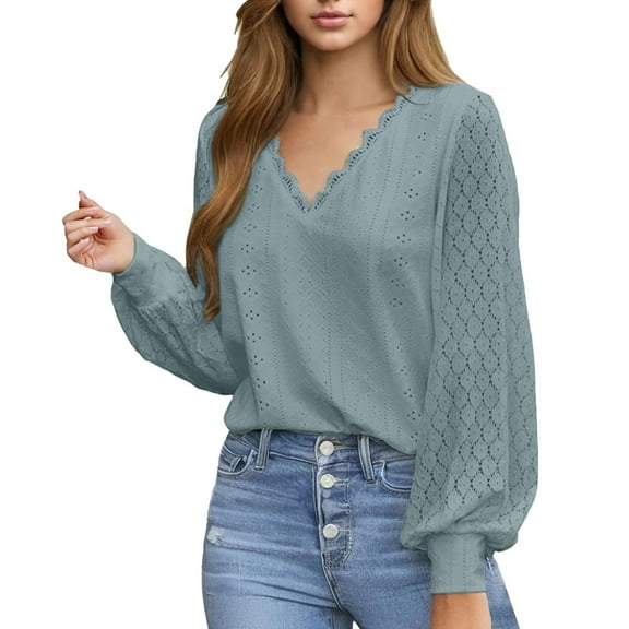Womens Shirts Womens Tops 2026 Womens Long Sleeve Eyelet Tops Dressy Casual Blouse Lace Trimmed V Neck Shirt 2024 Fall Outfit Clothes