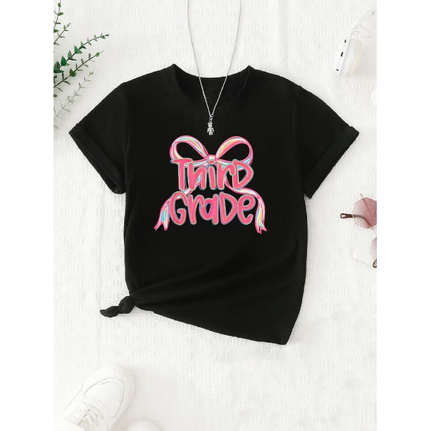 Girls' Back to School 3rd Grade Coquette Bow ' Graphic Printed Short Sleeve T-Shirt - Casual Knit Top with Round Neck, Summer Wear
