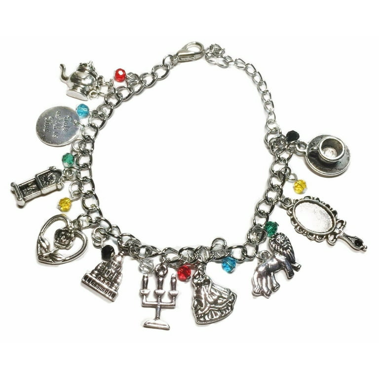 Beauty & The Beast Themed Silvertone Charm Bracelet w/ Toggle Clasp 