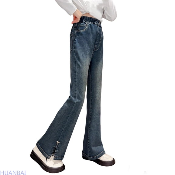 HUANBAI Girls Flared Denim Pants Classic Bootcut Jeans For And Juniors Comfortable Stretch Style Baggy Jeans /Blue(3-4 Years)