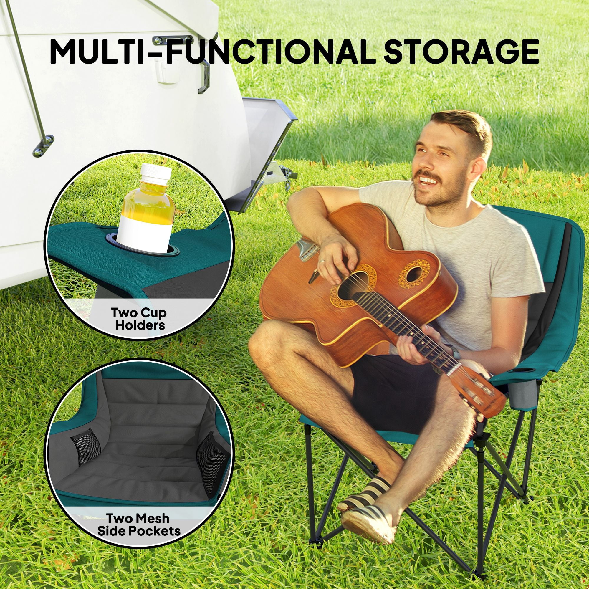 Padded Folding Camping Chair with Carry Bag, High Density Cushioned Lawn Chair 600D Oxford Fabric Metal Frame with 2 Cup Holders Side Pockets Supports 265lbs for Fishing Outdoor Dark Green Black