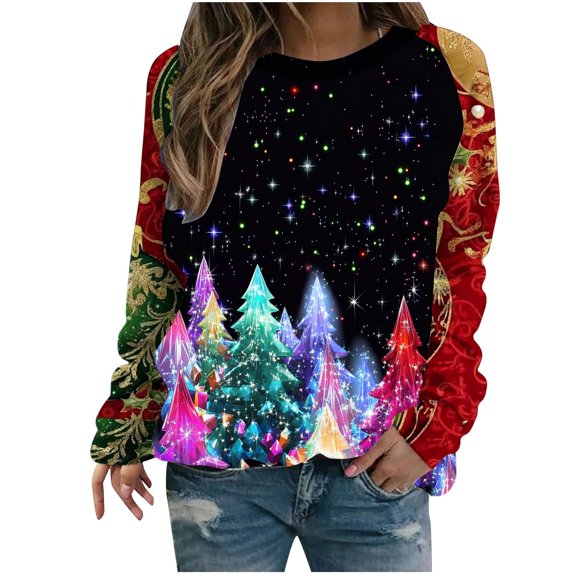 Women's 2025 Christmas trees Print Sweatshirt Crewneck Long Sleeve Holiday Pullover Funny Xmas Top for Fall