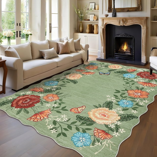 Gaderth 9x12 Washable Area Rug For Living Room, Modern Scalloped Floral Border Rug With Non Slip Backing, Stain Resistant Low Pile Foldable Boho Carpet For Bedroom Dining Room Nursery Home Office