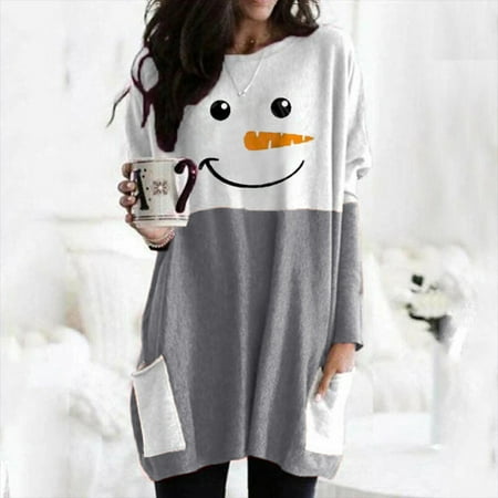

Womens Dress Shirt Christmas Long Sleeve Tops Santa Printed Pullover Loose Plus Size T-Shirt Blouse with Pockets Fashion Casual Comfy Long Sleeve Fall Winter Blouse Tops