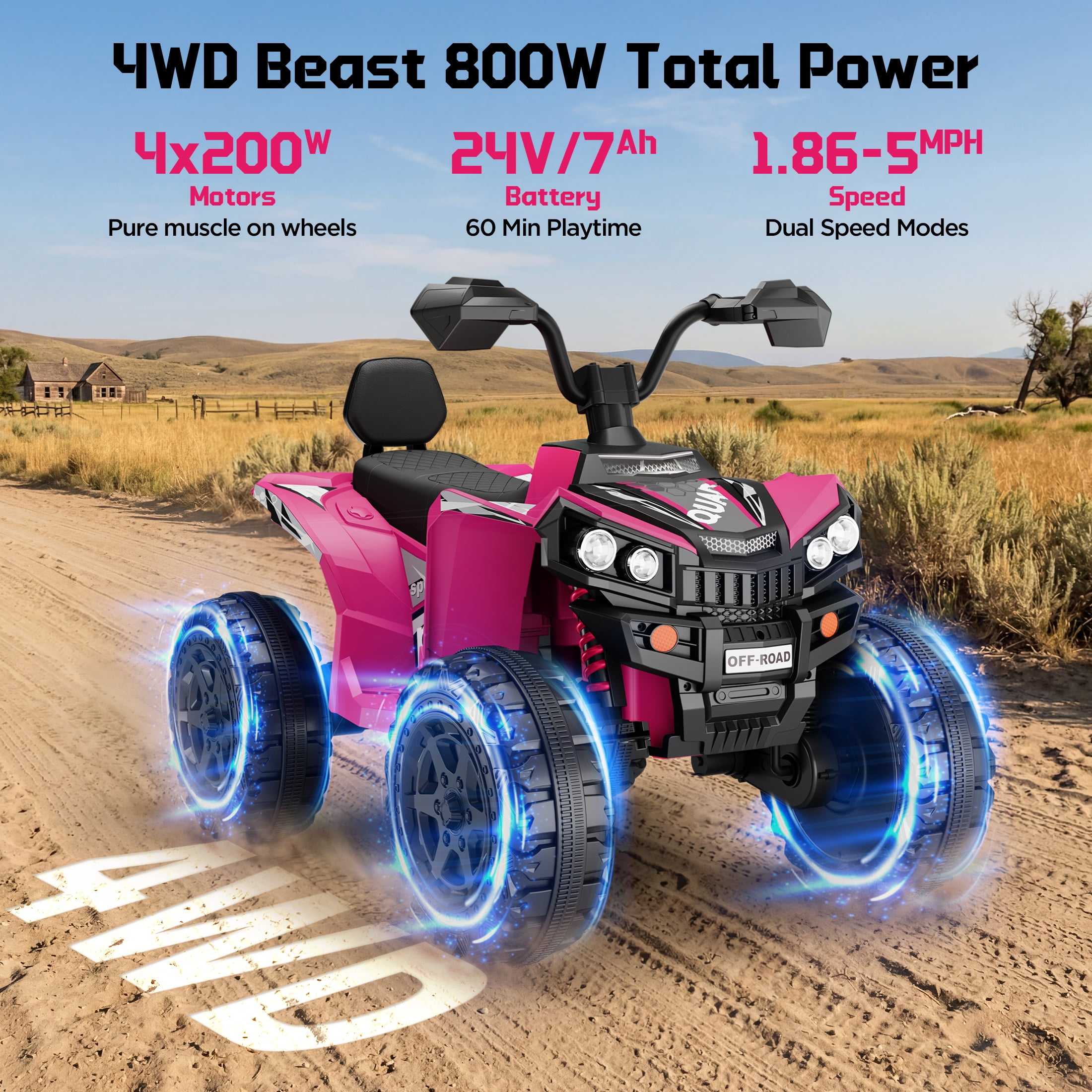 Wisairt 24V Ride on ATV Toys, 4WD Kids ATV 4-Wheeler for Big Kids with 2 Seater, Electric Quad 800W Motor, Pink