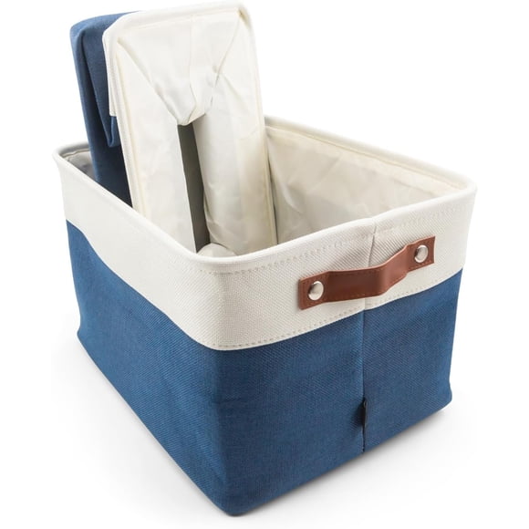 HYGGE + Linen Storage Bin Basket 15.8" x 12.5" x 10" Durable fabric & lightweight design. Great for storing toys, books, linens, games, clothing, baby products & more! (WHITE/BLUE, 2 PACK)