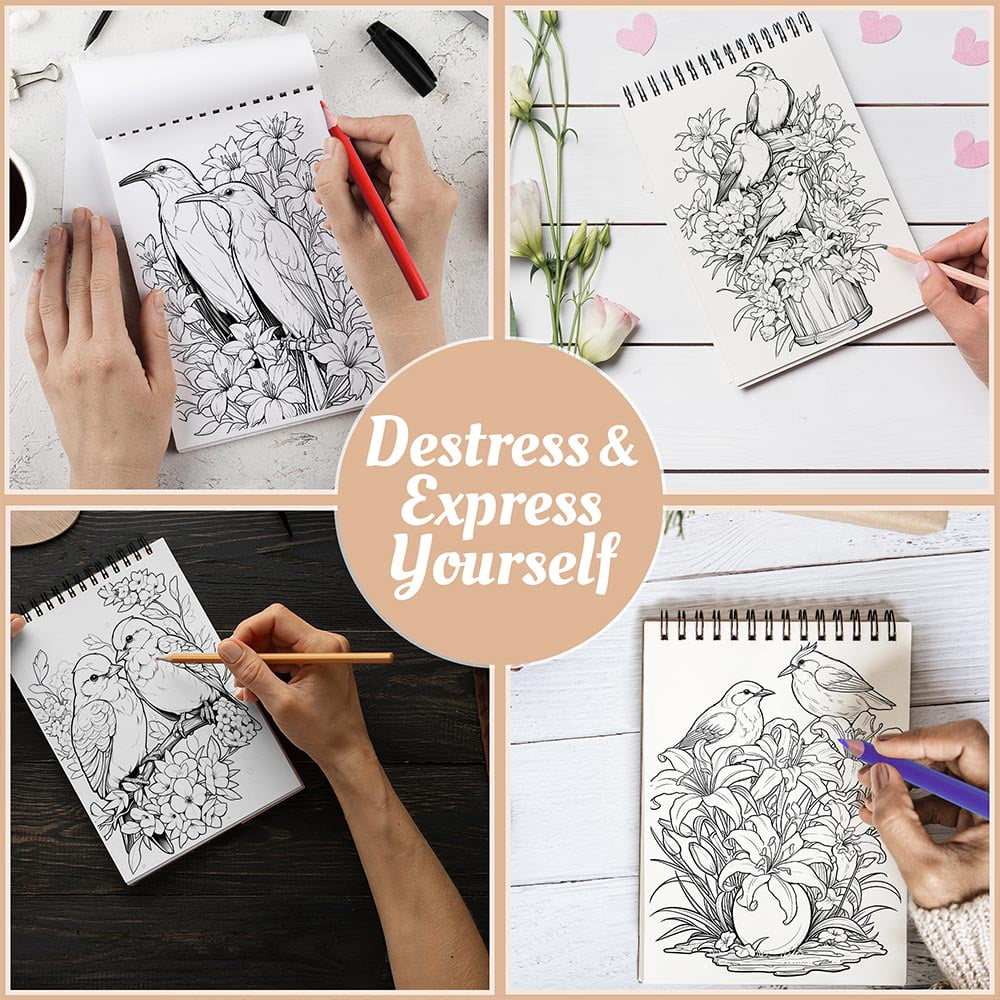 Netecom Birds Coloring Book Spiral Bound for Adults, A5 Wooden Cover, 30 Charming Birds Coloring Pages with Variety of Bird Species for Stress Relief and Relaxation