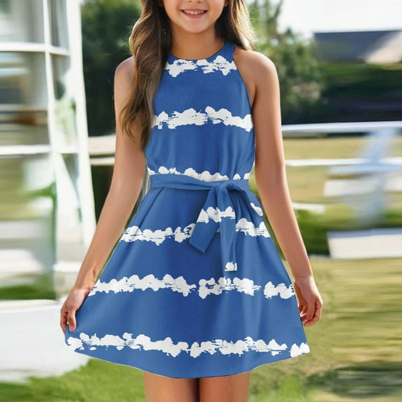 XDDLITP Dresses for Teens Halter Neck Sleeveless Dress Striped Color Block A-Line Dress Tie Waist High Waist Swing Party Summer Dresses for 4-14 Years,Blue 130(7-8Y)