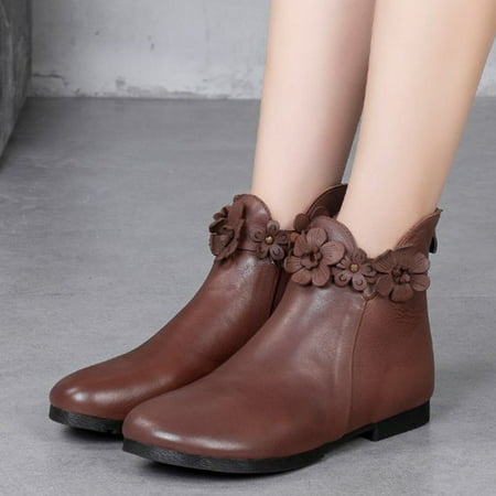 

ERTUTUYI Short Toe Round Booties Solid Color Retro Flowers Zipper Shoes Heels Women Women s Boots Coffee 40