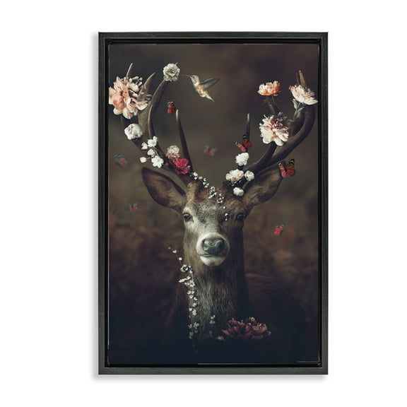Stupell Industries Flower Bedecked Antlers Animals Painting Black Floater Framed Canvas Art Print Wall Art, 17 x 25