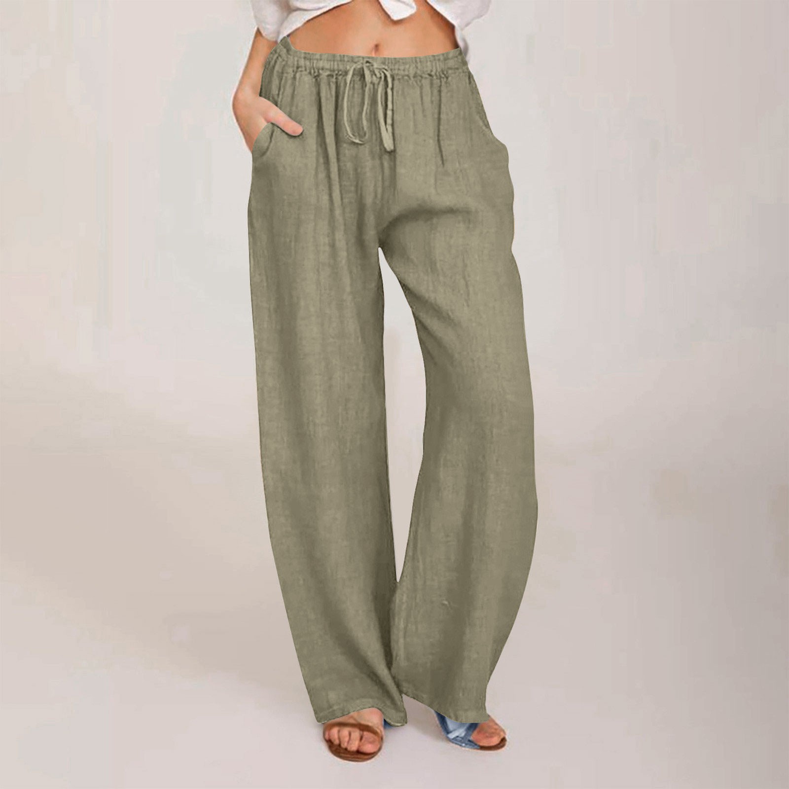 Livrdious Womens Summer Linen Trousers with Pockets, High Elastic Waisted Pants Wide Leg Comfy Lounge Pants, S-3X