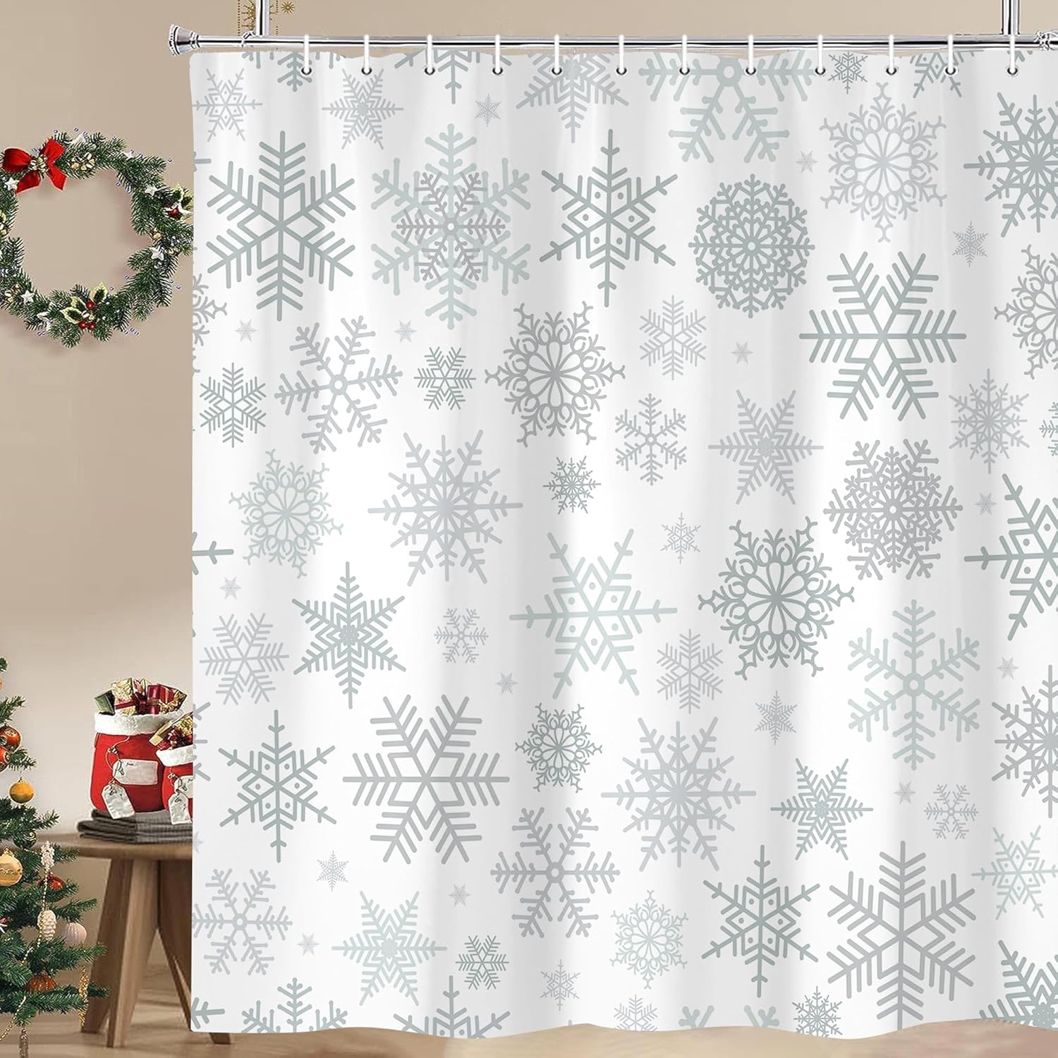 White Christmas Snowflake Shower Curtain, Winter Merry Xmas Funny Outside Holiday Pattern Bathroom Decor, Waterproof Cloth Fabric Bath Curtain with Hooks 72 x 72 inch