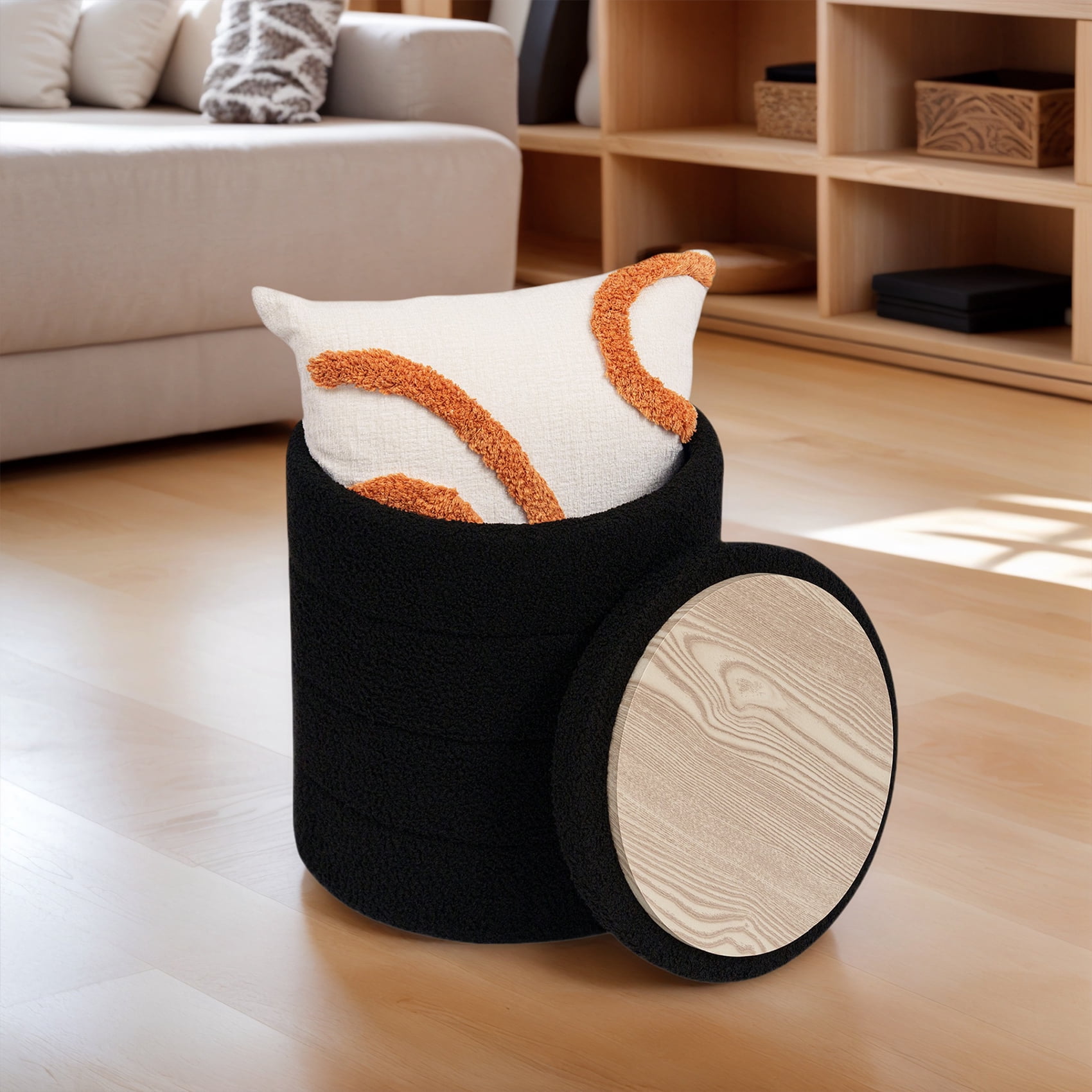 B FSOBEIIALEO 14.6inch Collapsible Storage Ottoman Round with Tray Teddy Fabric Living Room Bedroom Ottoman with Storage(Black)