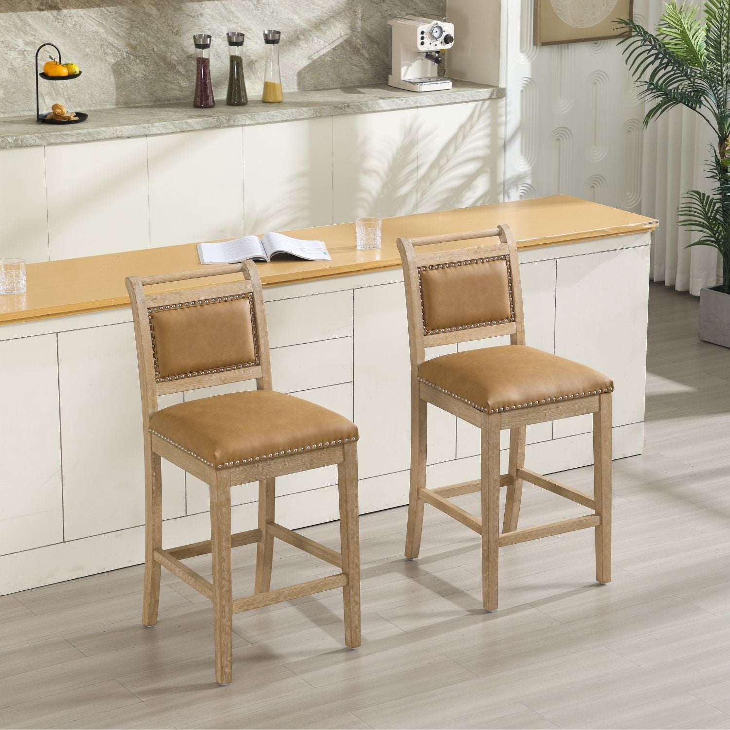 Dayalane 26" Farmhouse Counter Height Bar Stools Set of 2, Rustic French Wooden Barstools with Faux Leather Upholstered , Top Rail Nailhead Breakfast Bar Stool for Bar Kitchen Island Bistro, Brown
