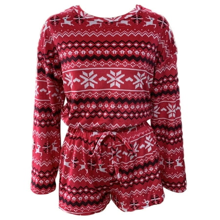 

Women Christmas Snowflake Pajamas Set Long Sleeve Drawstring Hem Crop Top Shorts