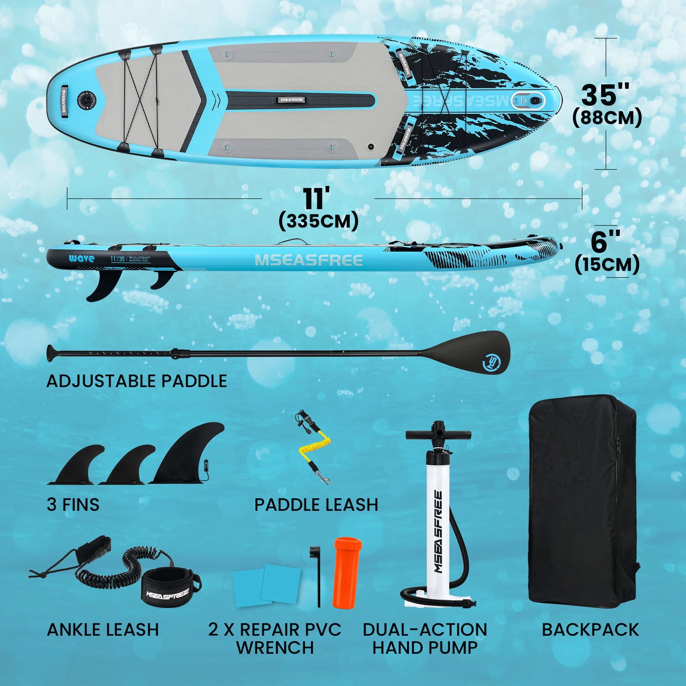 MSEASFREE 11 ft Inflatable Paddle Board Stand up Paddle Board All-Purpose Fishing Board with Full SUP Accessories