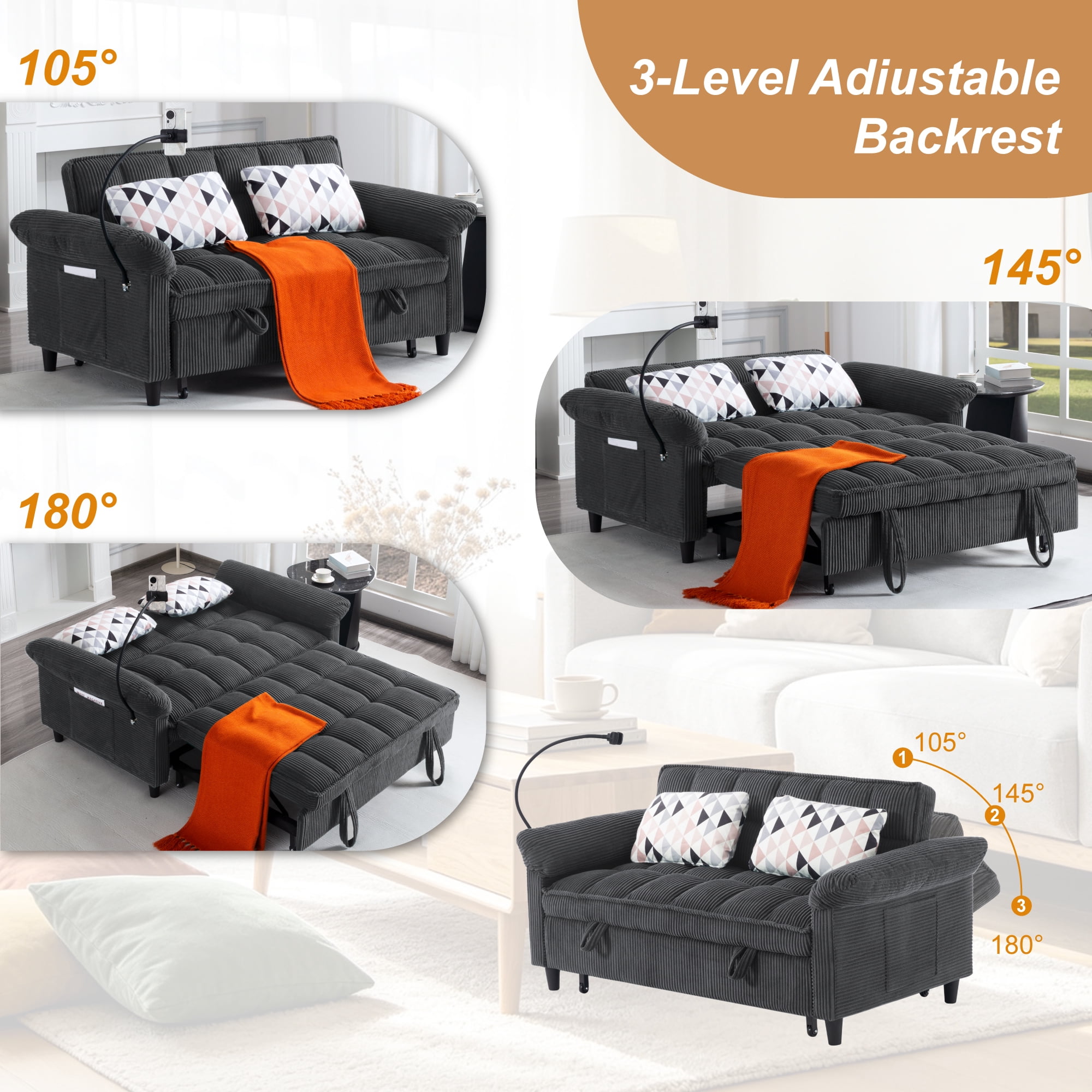 Gewnee 58"3-in-1 Corduroy Convertible Sofa Bed – Pull-out Loveseat Couch with 3 Reclining Positions & Storage Side Pocket,Sleeper Sofa for Living Room,Guest Room.Dark Grey