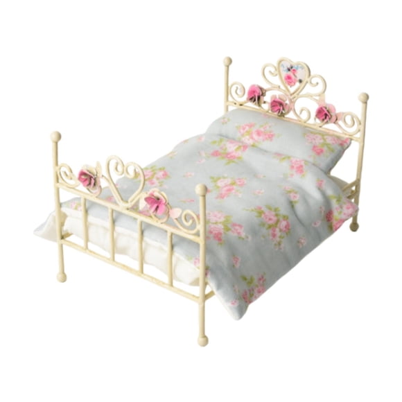 Cama de casa de muñecas a escala 1:12, muebles de casa de muñecas, cama de hierro, dormitorio, microjuego de simulación Patrón floral azul