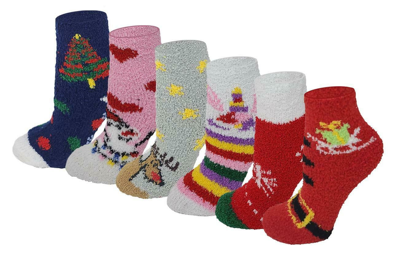 6 Pack Girls Womens Assorted Christmas Thermal Warm Slipper Grip Socks 