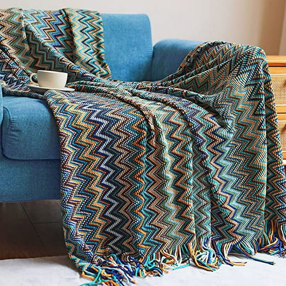 Boho Throw Blankets Outdoor Knitted Tassel Blankets, (Blue 50x60 Inch) Super Soft Cozy Lightweight Couch Decorative Bohemian afghans Throw Blankets, Bed, Sofa, Outdoor Throw Blanket - All Seaso