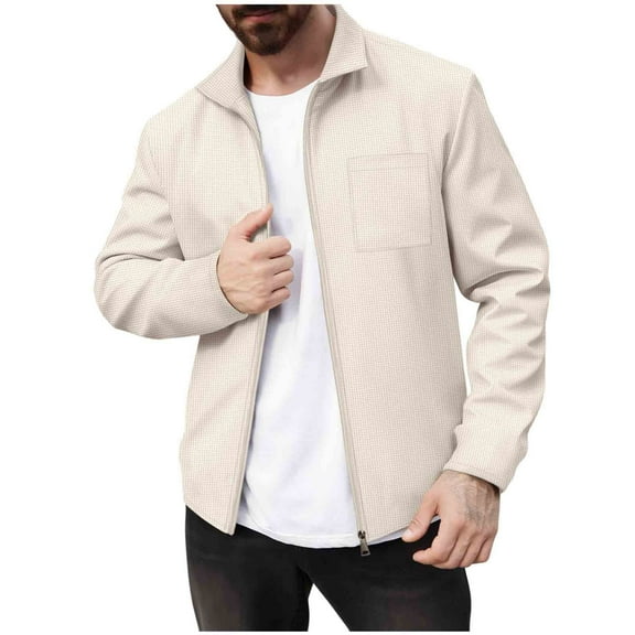 YLSDY Mens Waffle Knit Jacket Lightweight Zip Up Lapel Collar Long Sleeve Casual Jackets Athletic Golf Work Outerwear Khaki L