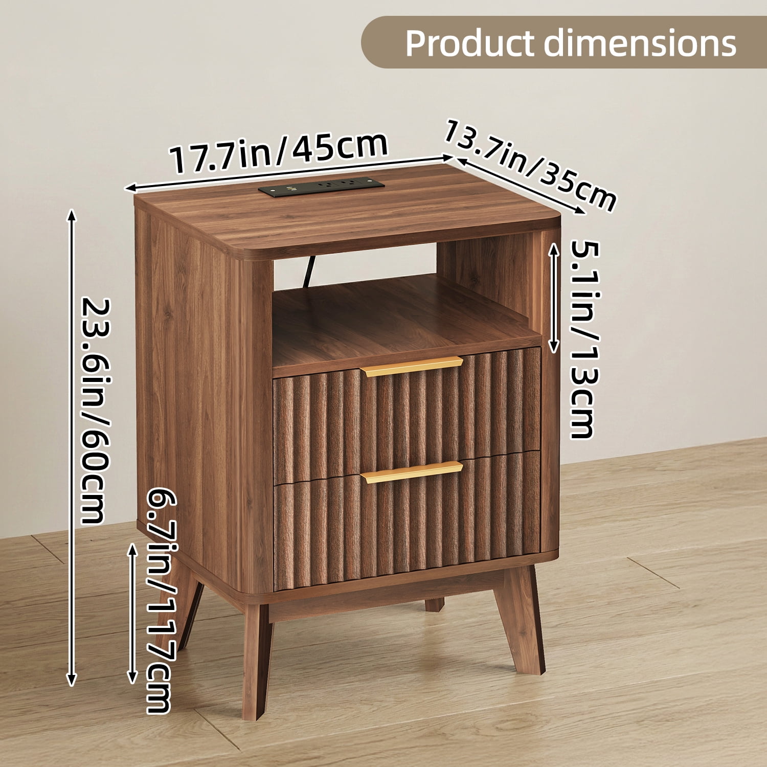 TOMNK Fluted Nightstand with Charging Station, 18" Modern Side Table, 2 Drawers End Table with Storage, Bedside Table for Bedroom, Living Room, Curved Profile Design, Dark Walnut