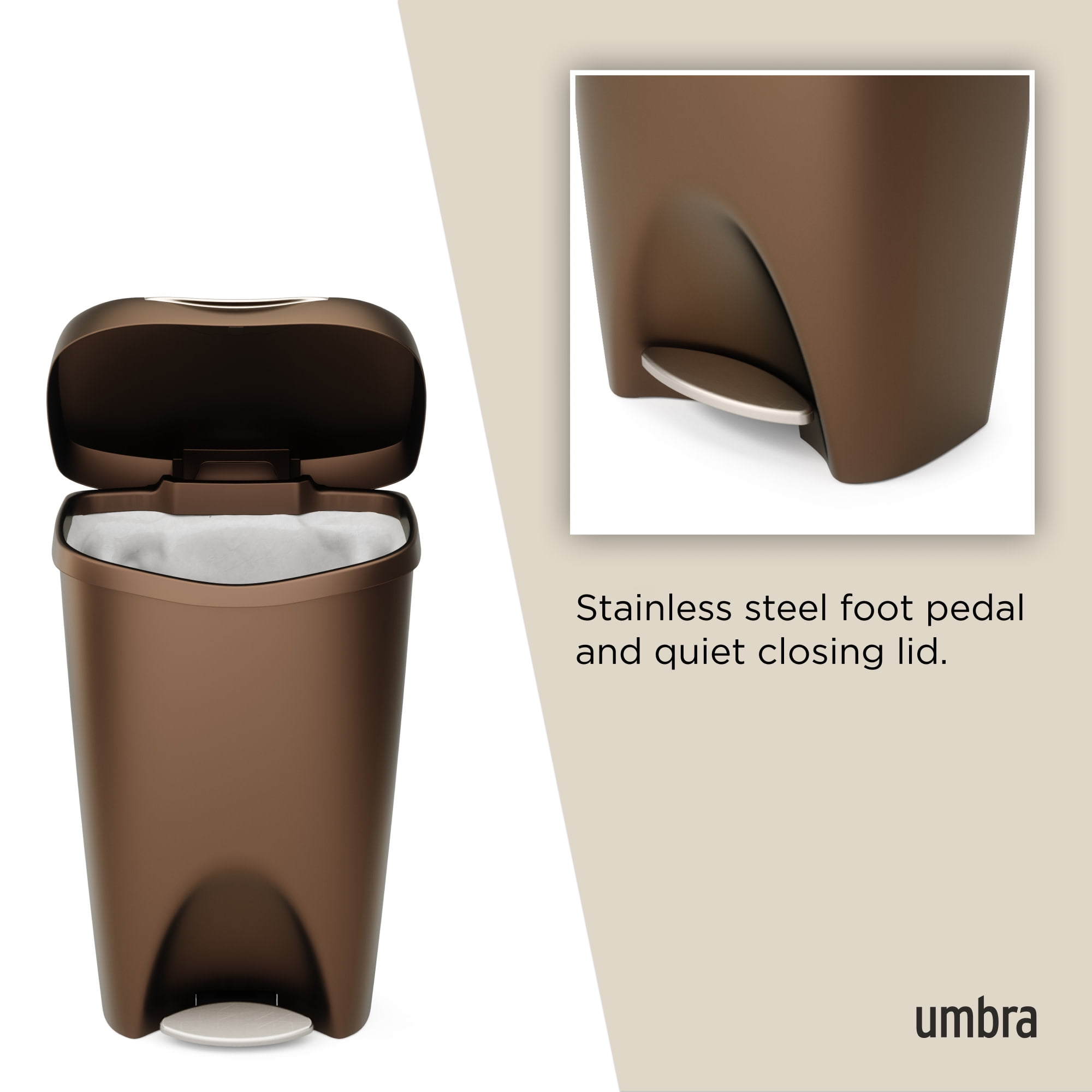 Umbra 13 gal Brim Plastic Step Soft Close Lid Kitchen Trash Can, Bronze