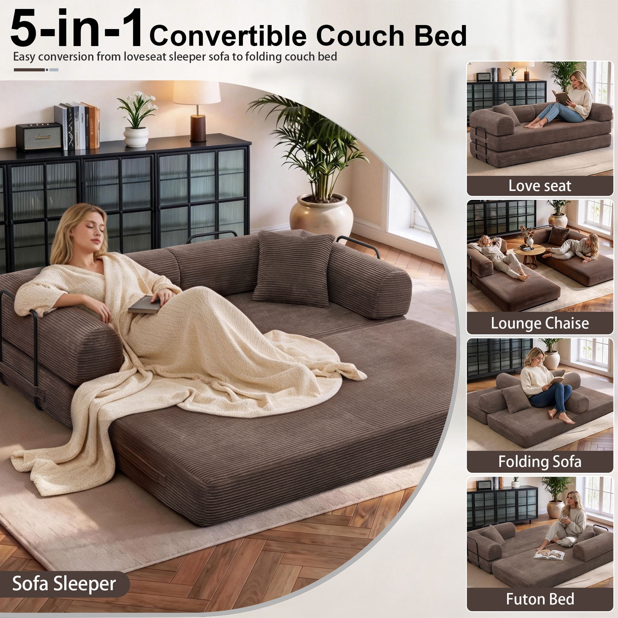 Convertible Floor Sofa Bed, Holaki 63" Foldable Compression Loveseat Lounge Sleeper Sofa with Pillow & Fixed-Shape Frame, Corduroy Folding Boneless Sofa Couch for Living Room, Small Space, Brown