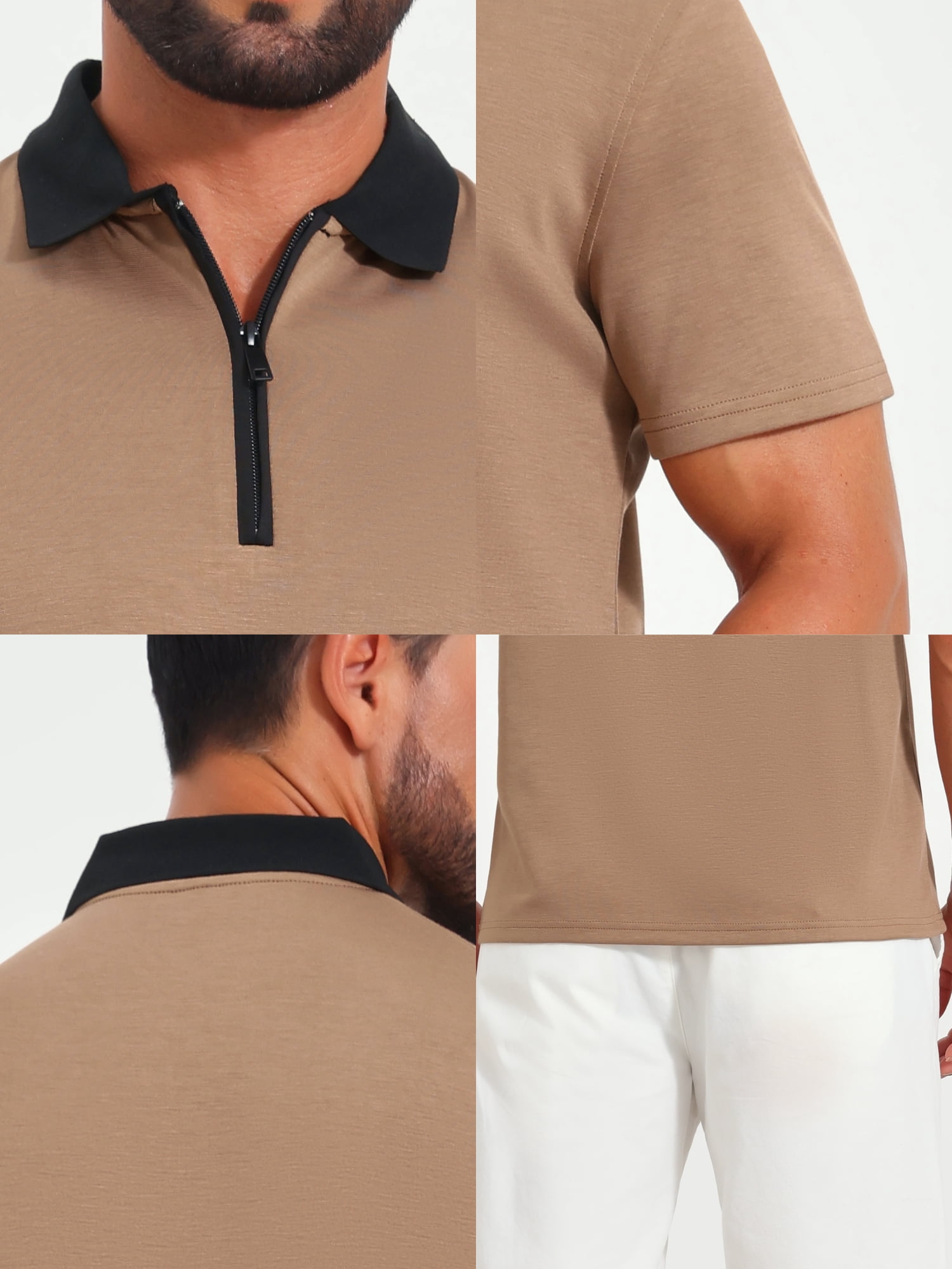 DARING DIVA Men's Zipper Closure Colorblock Short Sleeve Basic Polo Shirt 2XL Khaki