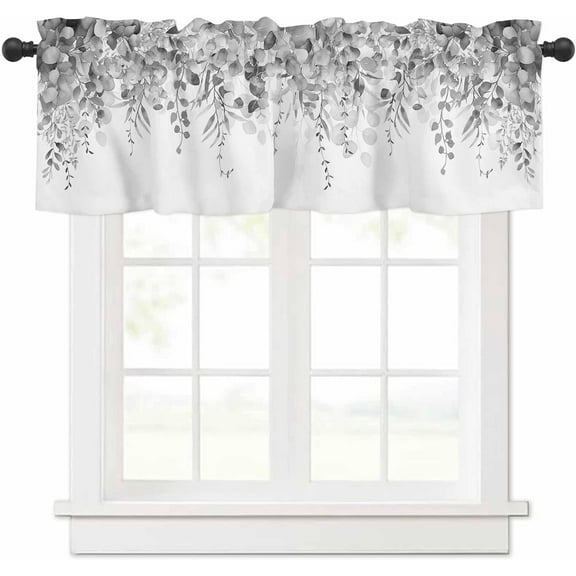 Curtain Valance for Windows Gray Eucalyptus Rod Pocket Valance Window Treatments 1 Panel Watercolor Leaves Short Curtains for Kitchen Windows Bathroom Bedroom 54 x 18 inch