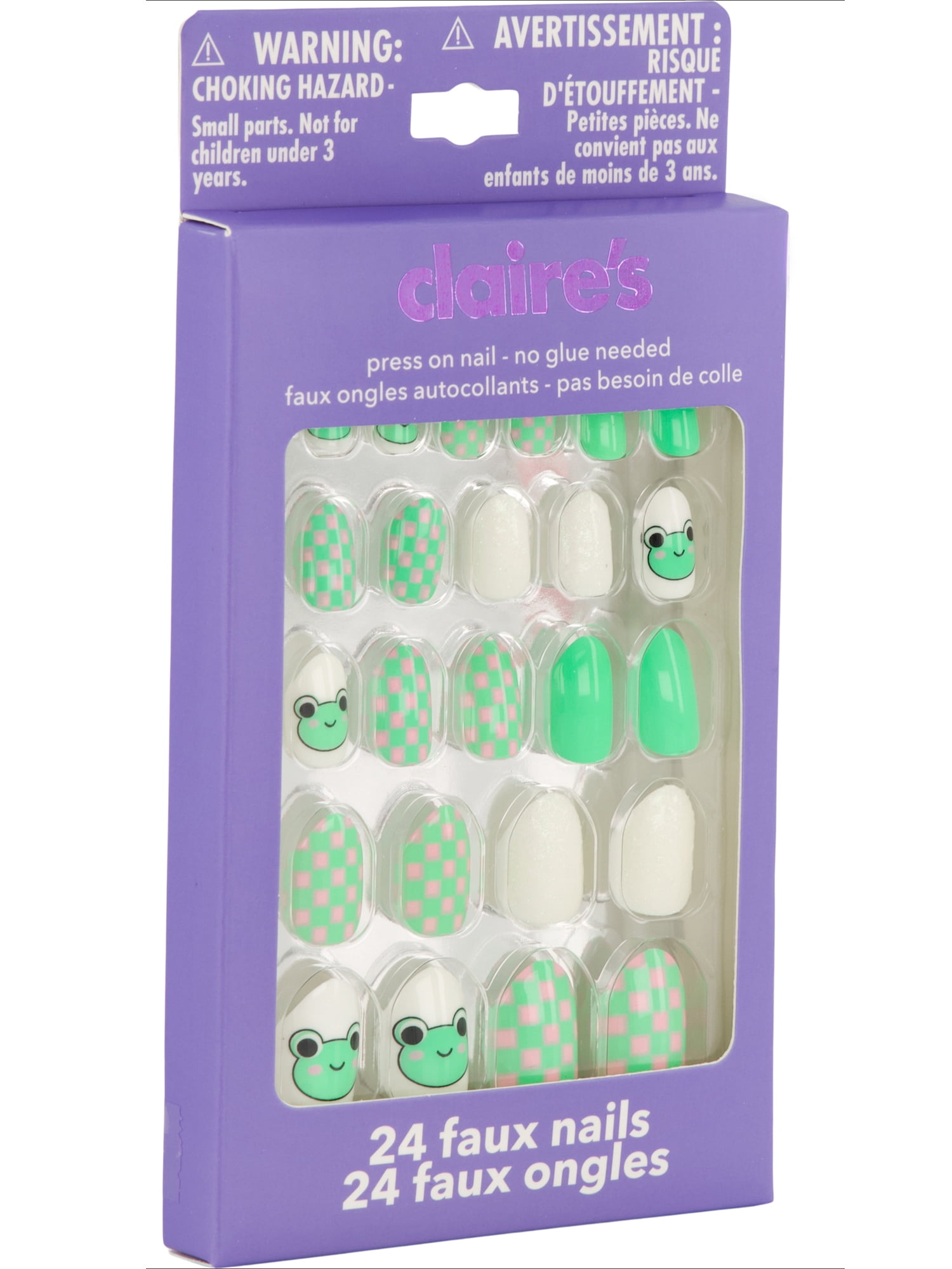 Claire's Tween Girls Green Frog Checkered Almond Shaped Press-on Nails, 24 Nails