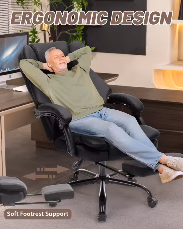 Qusaphy 600lbs Big and Tall PU Leather Executive Office Chair, Reclining Backrest up to 155°, Spring Cushion Seat, Lumbar Support & Adjustable Armrests for Home Office or Conference Room