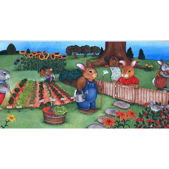 Concord Wallcoverings Wallpaper Border Kids Pattern Bunnies Vegetable Flowers Trees for Boys/Girls Room, Red Green Blue Yellow Grey, 12 Inches for 15 Feet 110076