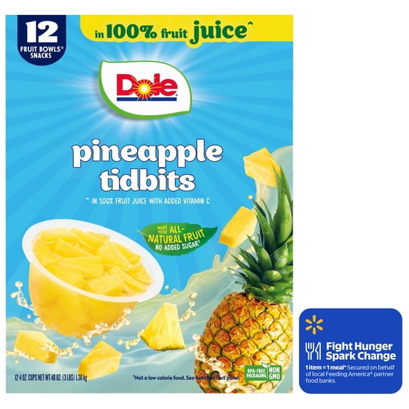 Dole Fruit Bowls Pineapple Paradise Tidbits in 100% Fruit Juice, 4 oz Cups (12 Pack)