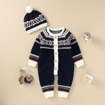 

Clearance Newborn Baby Knitted Sweater Jumpsuits Autumn Christmas Sweater with Hat Outfits Long Sleeve Overalls Soft Warm Romper Wear