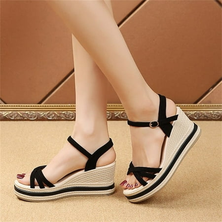 

Fashion Spring And Summer Women Sandals Wedge Heel Open Toe Cross Strap Suede Buckle