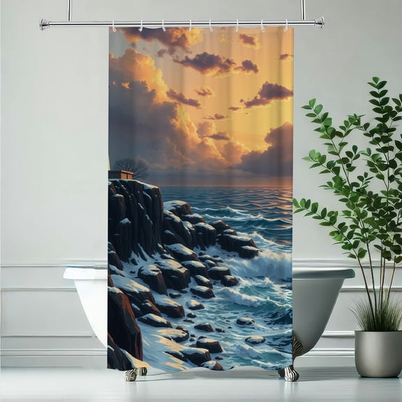 RKSupls Lighthouse Rocks Coastal Sunset Shower Curtain, Valentine's Day Waterproof Shower Curtain with Hooks for Home Bathtub Bathroom Decor Washable Fabric Curtains,90x180cm