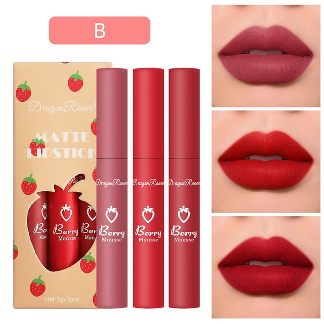 Lápiz labial para mujer, tinte labial, brillo labial, set de 3 cajas de fresas, terciopelo mate, brillo labial mate, brillo labial femenino, antiadherente, taza de 15 ml, un lápiz labial