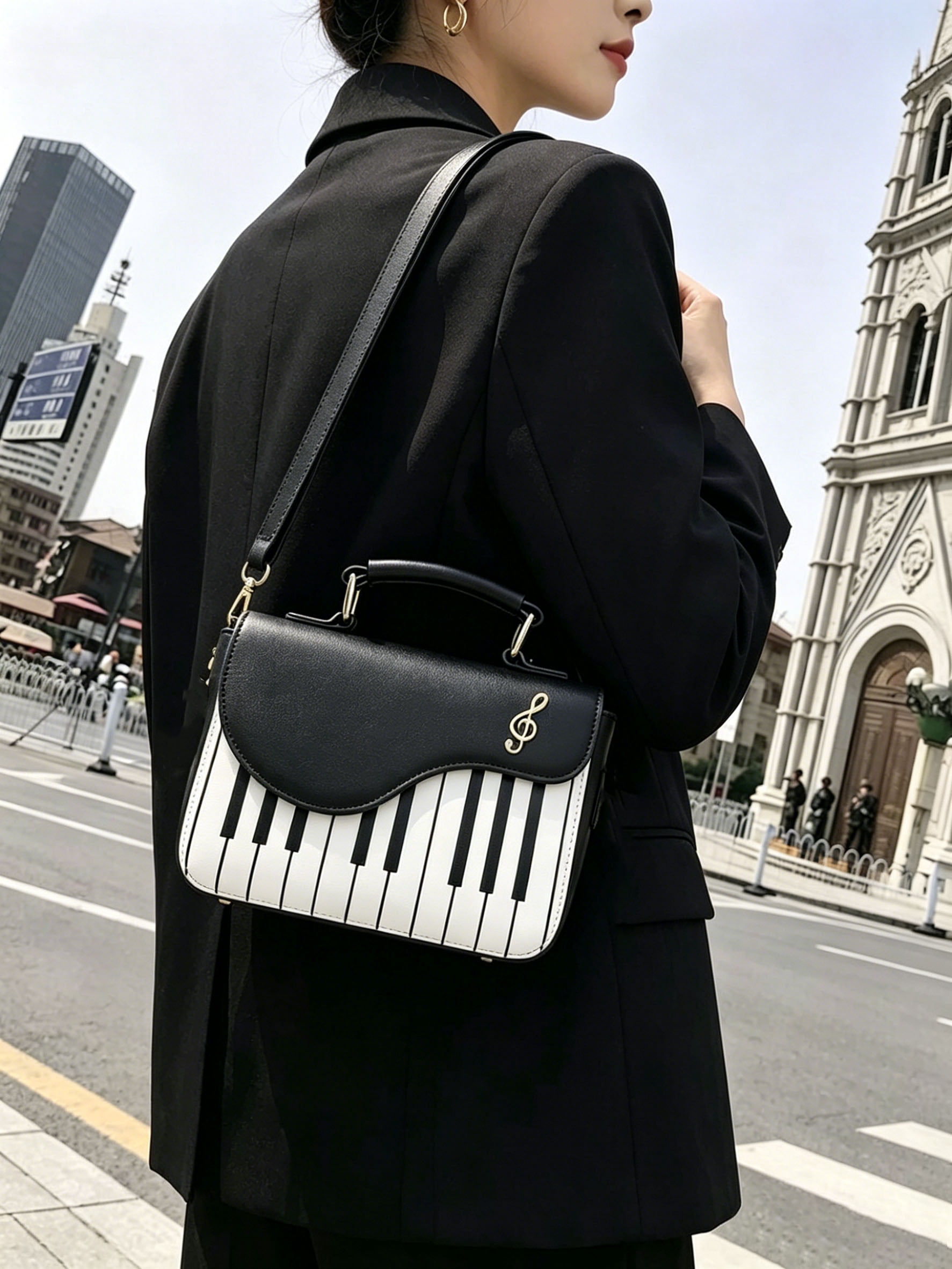Piano Music Notes PU Leather Shoulder Tote Bag Purse Crossbody Handbag for Women Girls (Black), 14cm