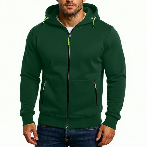 Evdexr Zip Up Hoodie Men Pullover Oversized Fleece Drawstring Workout Coat Casual Long Sleeve Lightweight Hooded Jacket Slim Fit Solid Sweatshirts Army Green M