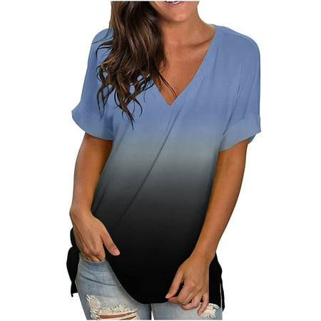 Summer Savings Clearance! EINCcm Women's Tops, Plus Size Tops Fashion Casual V Neck Short Sleeve Tie-dye Gradient Print T-Shirt Blouse Tops for Women