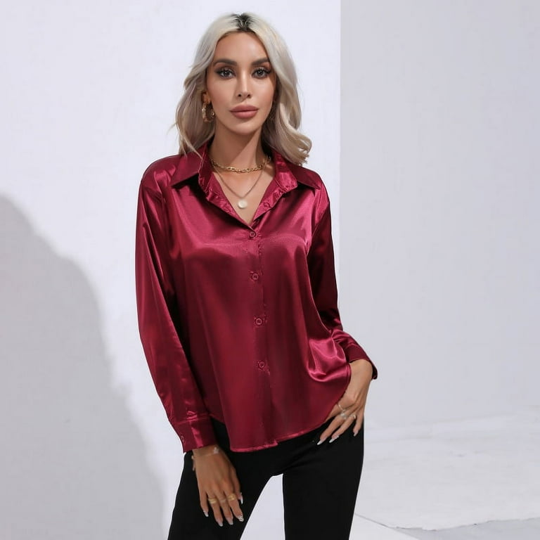 Women s Button Down Shirt Satin Silk Long Sleeve Blouse Formal Work Top Point Collar Vintage Shirt Work Office Silky Shirts Tops S XL Walmart