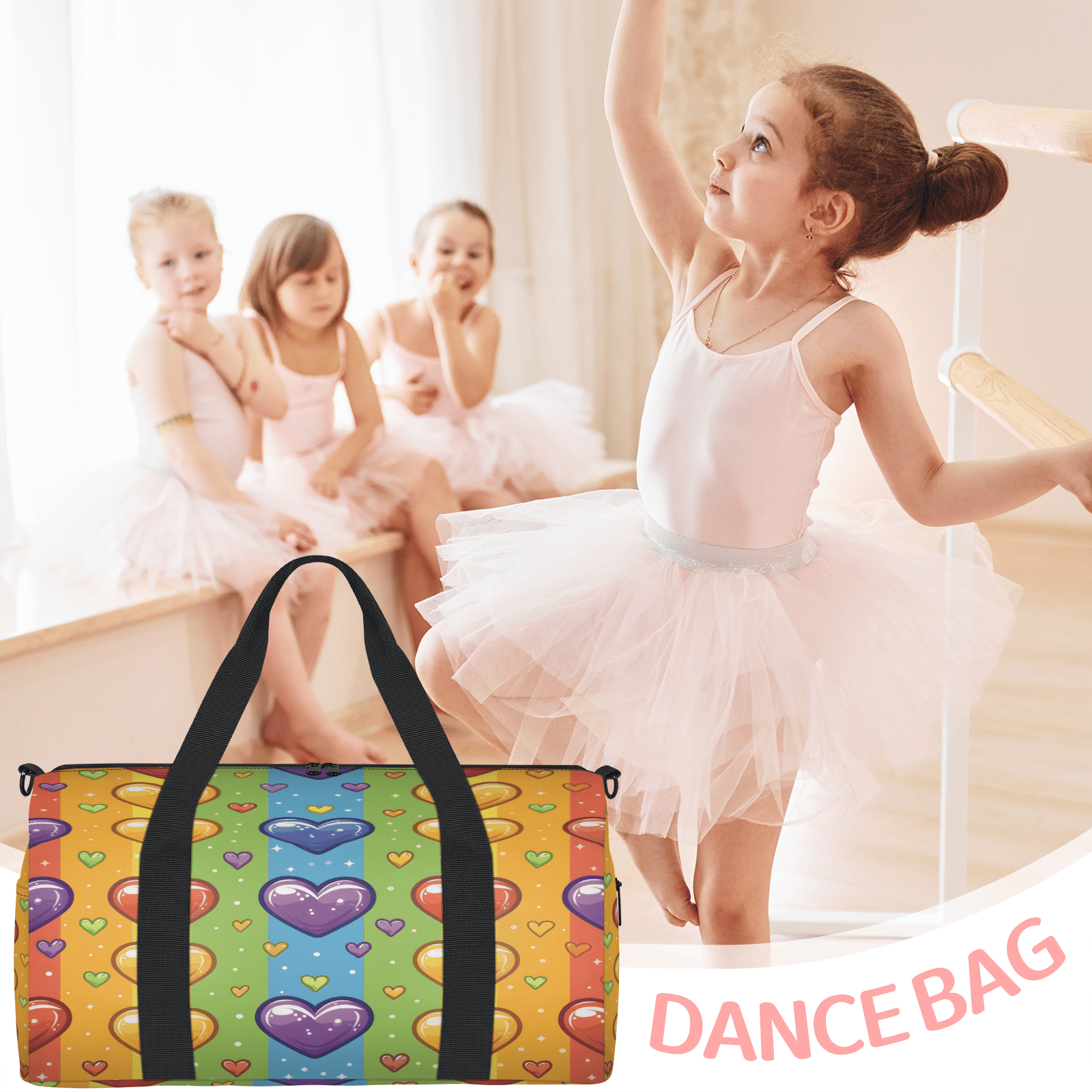 Herdesigns Love Heart Gym Bag for Women, Duffle Bag for Travel Sport, Rainbow Striped Lightweight Waterproof Carry on Weekender Dance Yoga Workout Bags