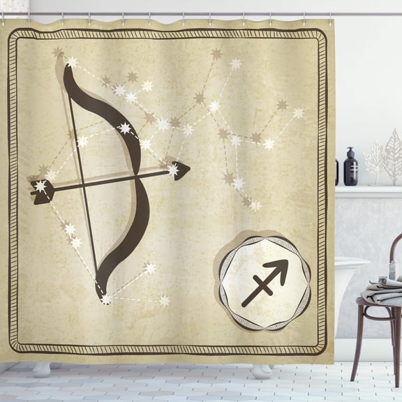 Zodiac Sagittarius Shower Curtain, Hand Drawn Constellation with Silhouette of a Bow and Arrow, Fabric Bathroom Set with Hooks, 69W X 70L Inches, Eggshell Dark Taupe, by Ambesonne