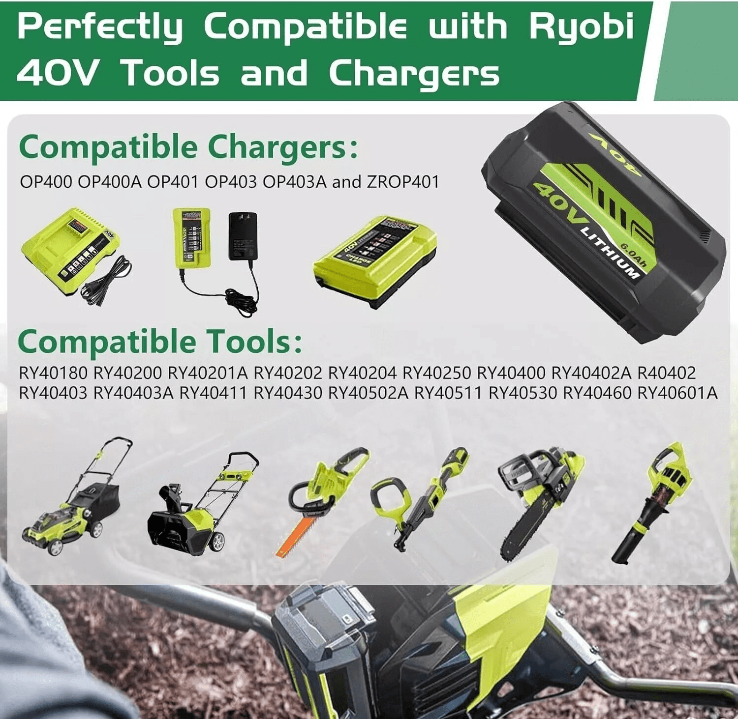 Replacement for Ryobi 40V Battery and Charger Combo Compatible with Ryobi Battery 40V OP4026 OP40601 OP4050A OP4040 OP4030 OP4050 Replacement for Ryobi 40 Volt Charger OP401