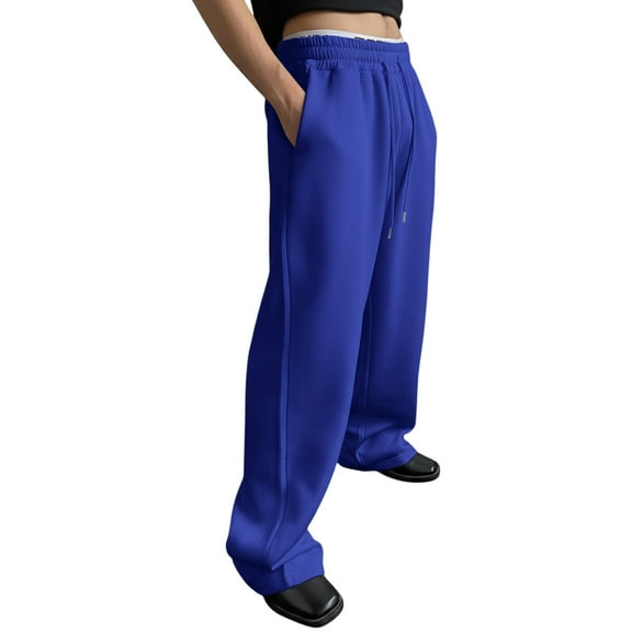 LWavelet Men's Wide Leg Joggers - Drawstring Waist Soft Fabric Loose Fit Casual Daily Pants Blue M