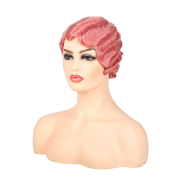 Baruisi Pelucas cortas de Nuna rosadas, pelucas Pixie para mujeres, peluca de pelo rizado ondulado sintético con dedos